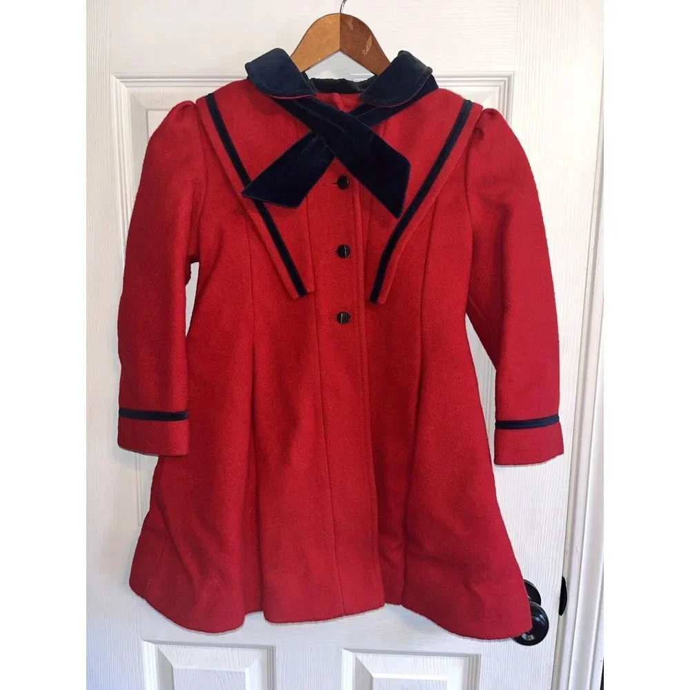 Vintage 80s Wool Nylon‎ Red Christmas Coat Girls 6X Tailored by Rothschild USA